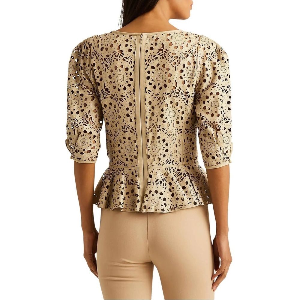 L.Ralph Lauren 100% Lambskin Leather Laser Cut Peplum Top, NWT, Size 16 - Picture 7 of 13